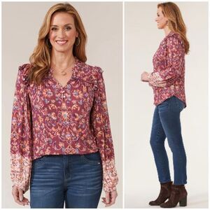 NEW Democracy Blouson Sleeve Ruffle Shoulder V-Neck Print Knit Top Size M